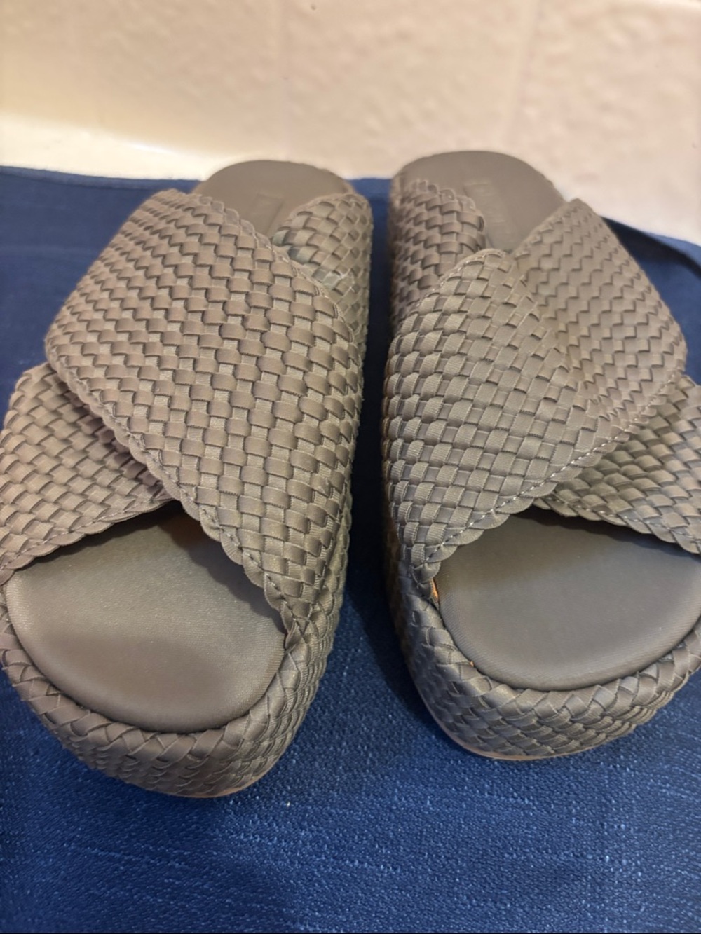 Naghedi Gray Woven Cross-Band Slide Sandals